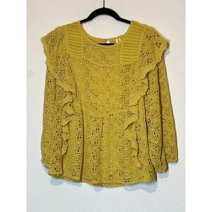 Anthropologie Sz  8 Yellow Boho Long‎ Sleeve Crochet Ruffle Blouse Cottagecore